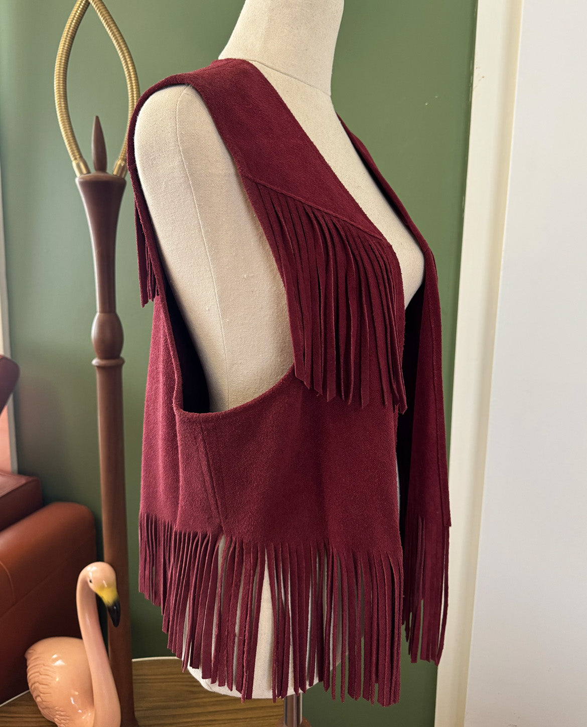 Vintage Red Suede Leather Fringe Vest