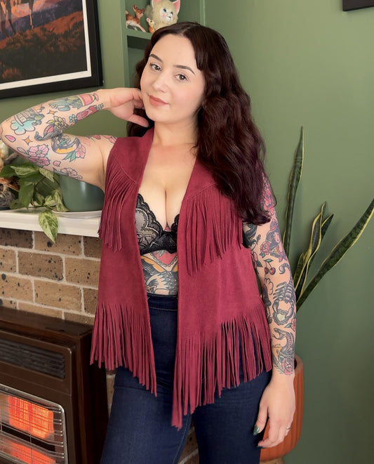 Vintage Red Suede Leather Fringe Vest