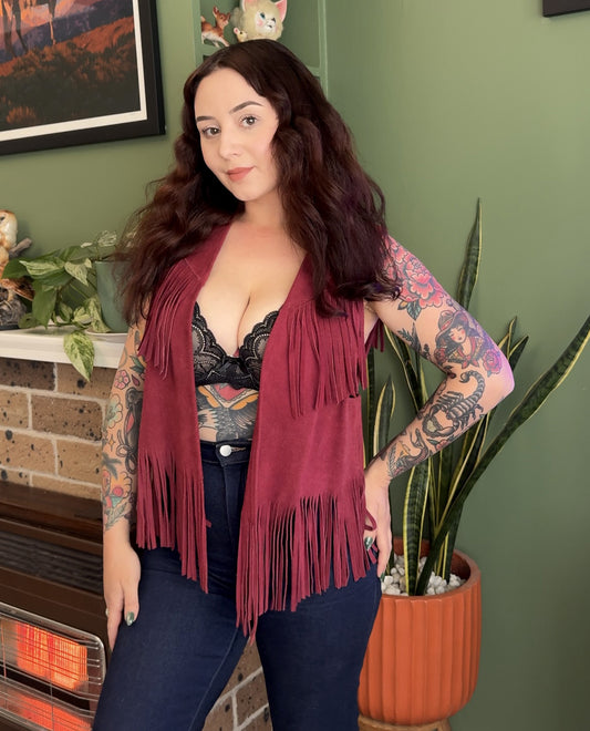 Vintage Red Suede Leather Fringe Vest